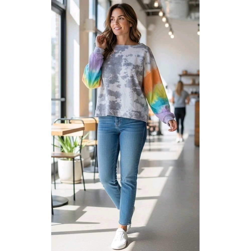 Women Tie Dye Crew Neck Sweatshirt Rainbow Pastel Grey Long Sleeve Pullover SZ L